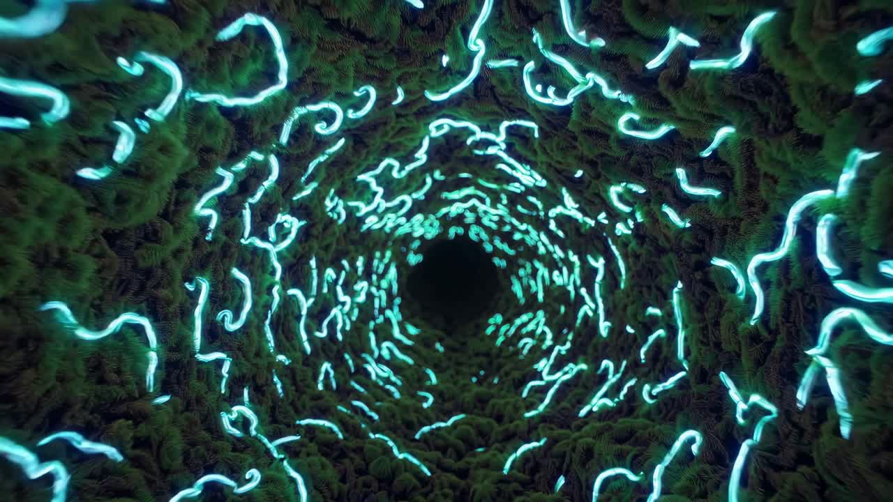 Vibrant glowing blue lines pulse through a textured green tunnel, creating a mesmerizing visual journey into a captivating abstract space