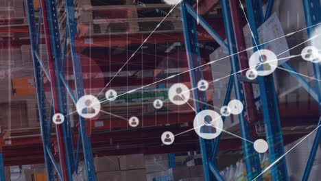 animation of network of connections with icons over warehouse