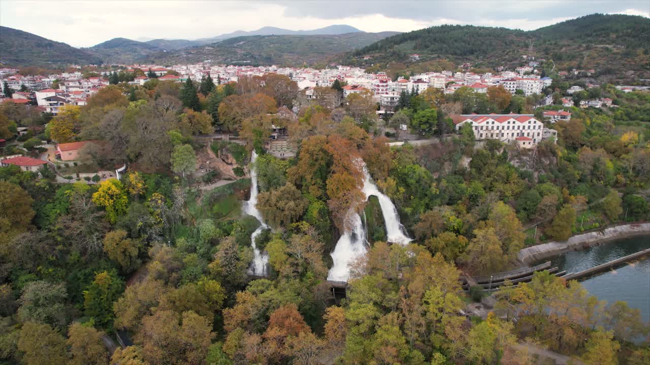 Edessa Waterfalls and City Center Aerial Panoramic View with Drone, Greece Countryside Nature