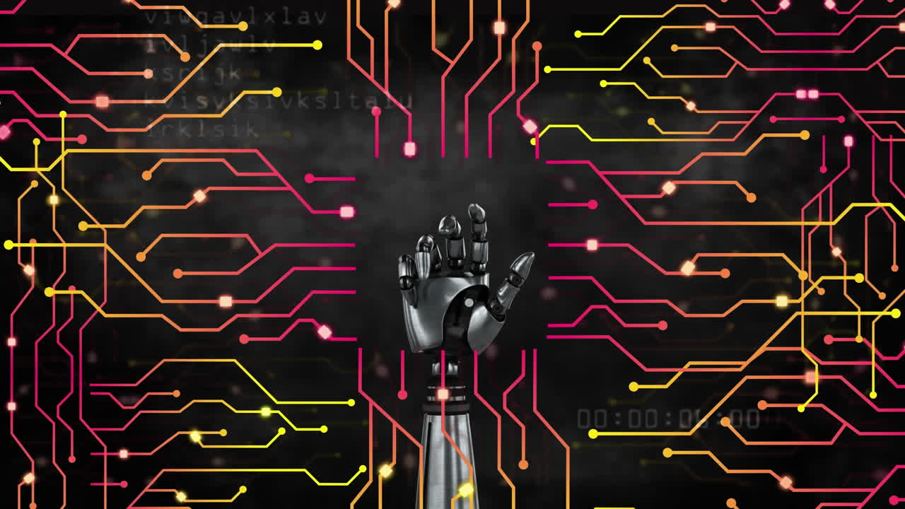 animación del procesamiento de datos de la ia sobre el brazo del robot y el fondo de la placa de circuitos