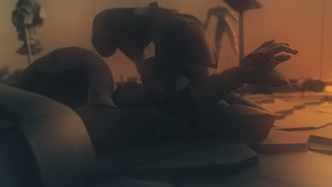 destroyed andorids on a junkyard in yellow light