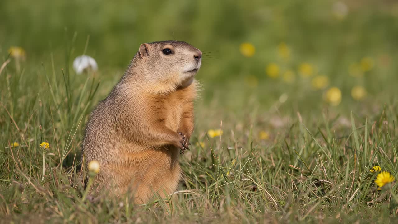 Rising prairie dog turning and scanning meadow for predators with grass, white daisy, yellow blooms