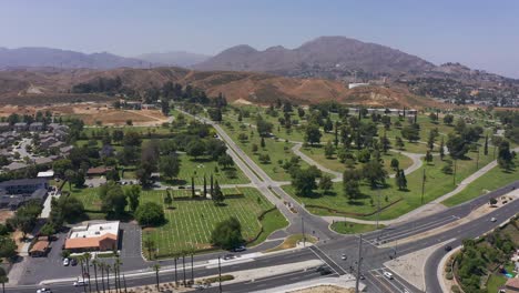 Super-wide-descending-aerial-shot-of-a-California-mortuary