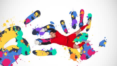 Animation-of-football-goalkeeper-over-colourful-handprints-on-white-background