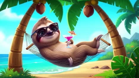 a relaxed sloth enjoys a tropical paradise, sipping a colorful drink while lounging in a hammock under palm trees by the beach