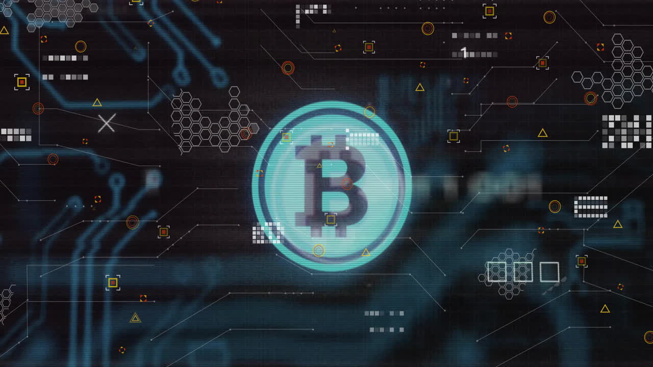 Bitcoin symbol with animation of digital network and binary code elements