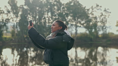 Hiking,-phone-and-a-woman-lost-in-nature