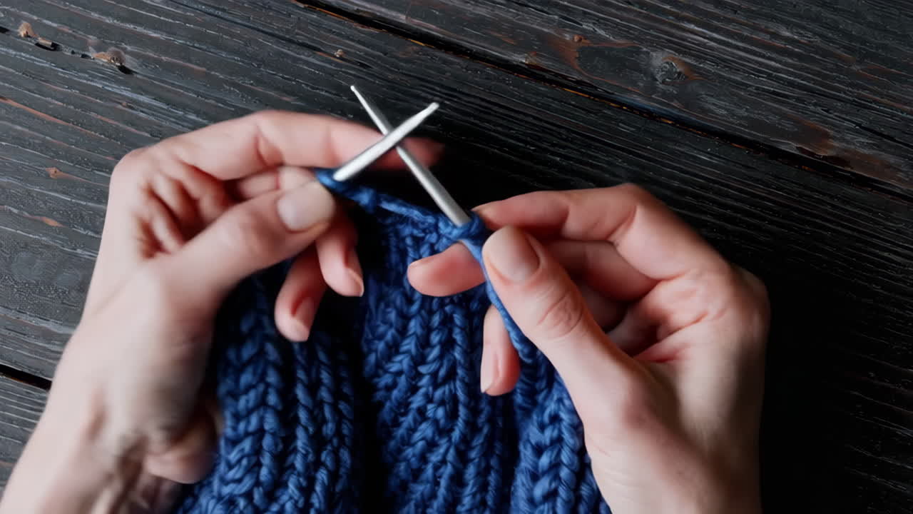 Close-up of Hands Knitting Blue Yarn with Needles