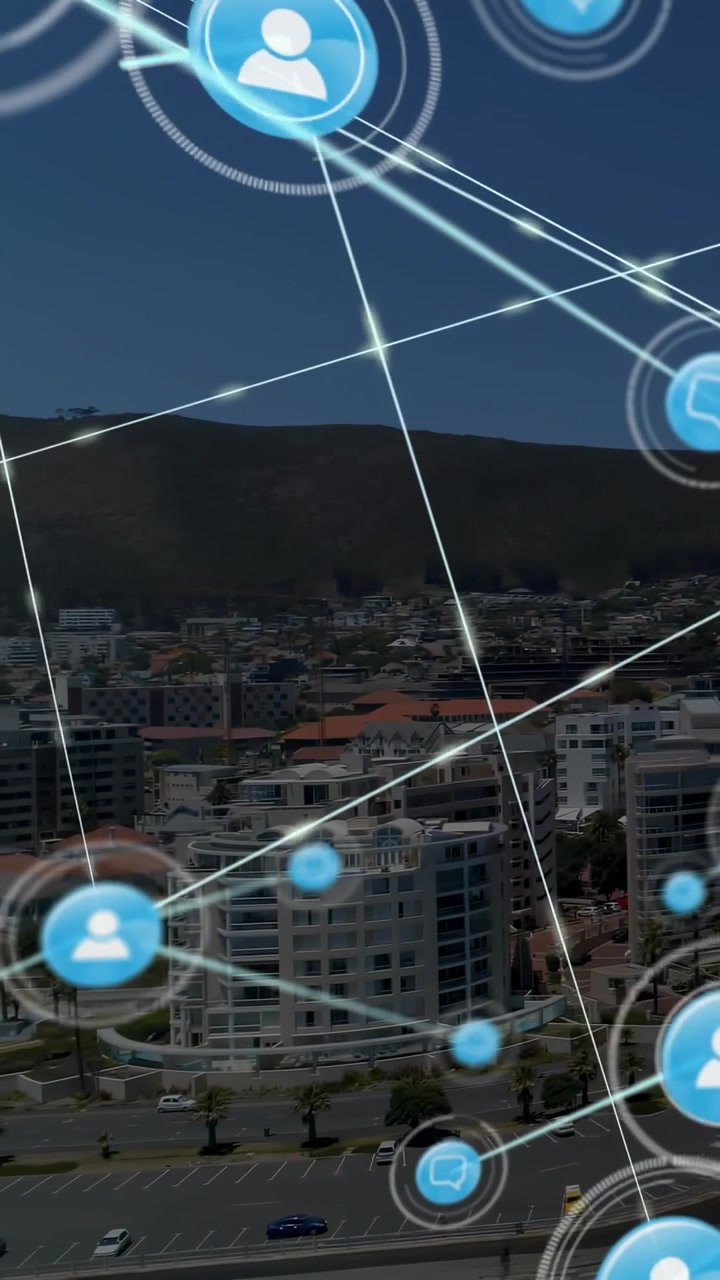 Vídeo vertical: Linha fina inclinada criando sobreposição conectando ícones azuis agrupados sobre a baía mostrando rede