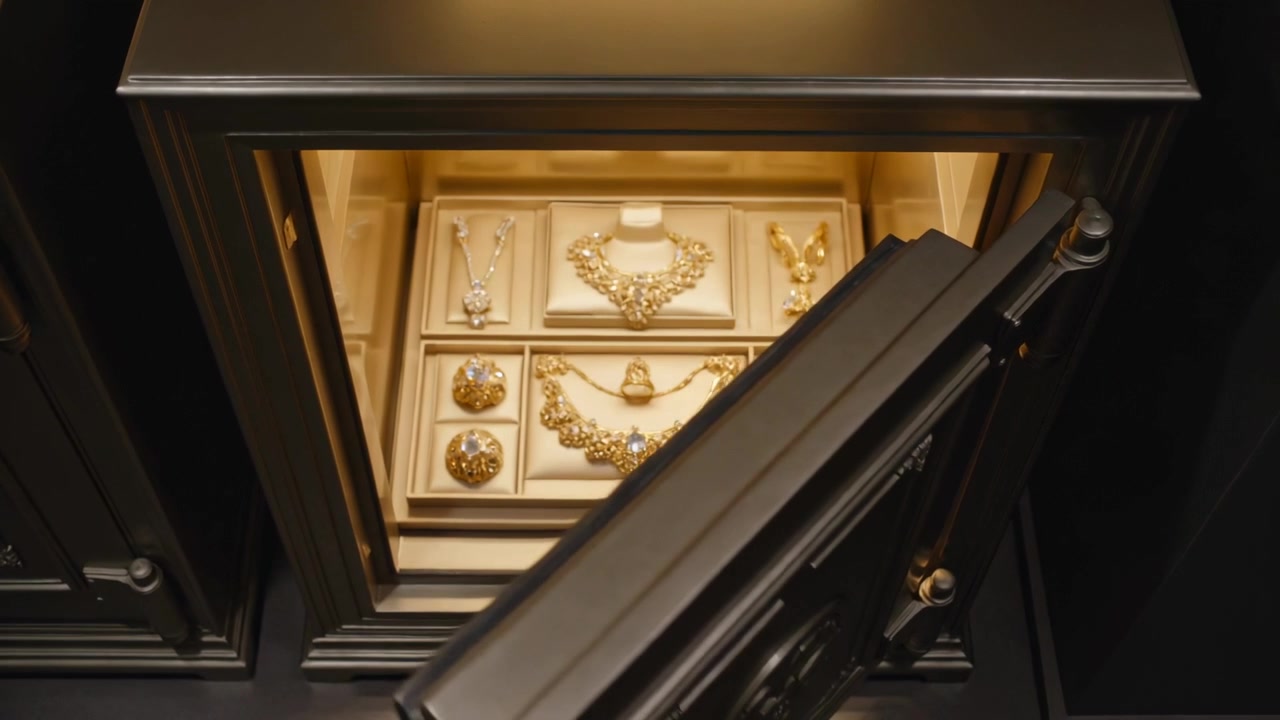 Spingendo una maniglia di ottone, un agente invisibile apre la porta di una cassaforte antica in un caveau, rivelando un vassoio di gioielli d'oro.