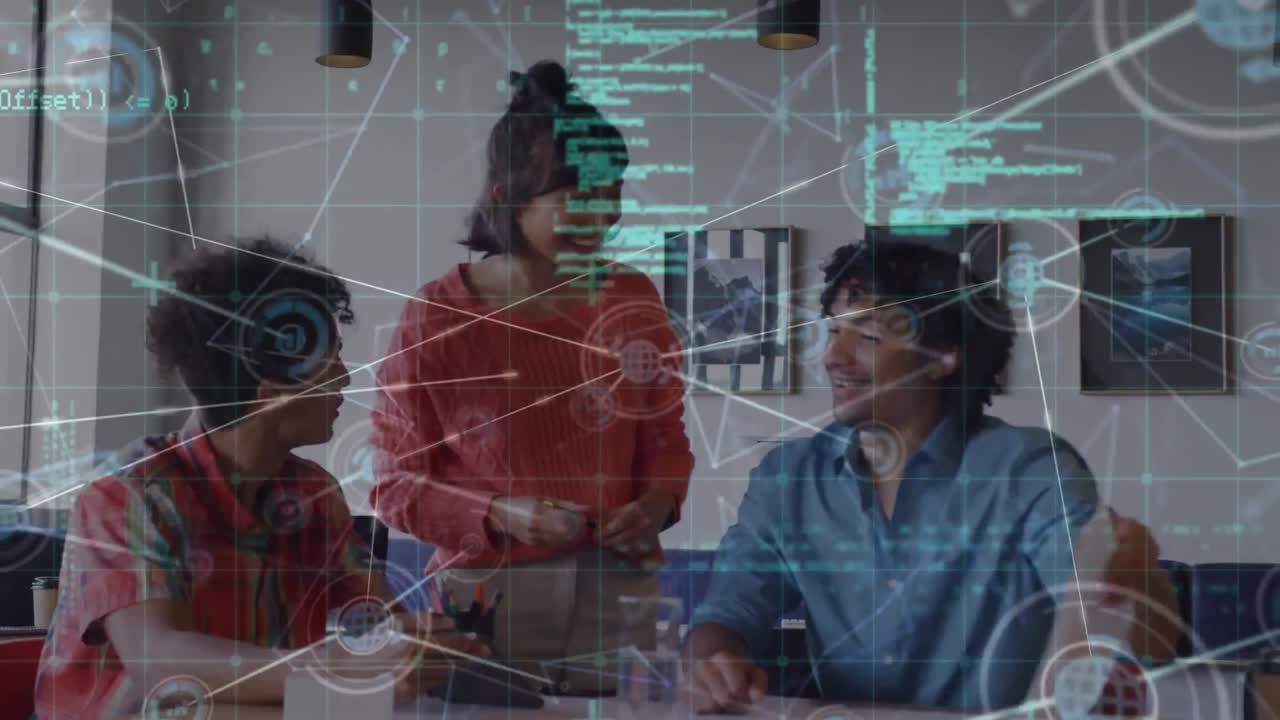 Animation of connected icons and programming language over diverse coworkers sharing ideas in office