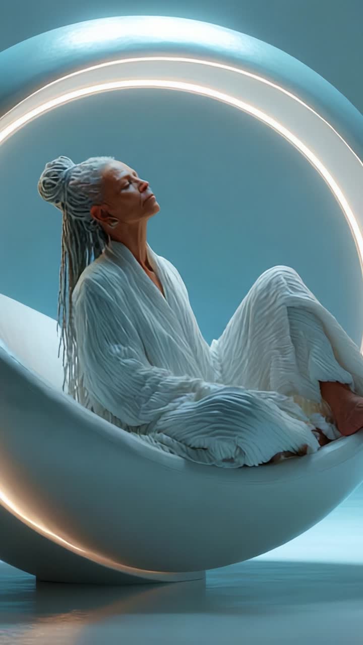 Et fredfyldt øjeblik: En meditativ person i et elegant, cirkulært sæde, omfavnet af blød belysning og minimalistisk design, der afspejler fred og ro