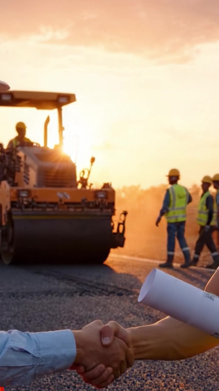 Construction Crew at Work: Men in High-Visibility Gear Overseeing Roadwork with Heavy Machinery Under an Orange Sunset