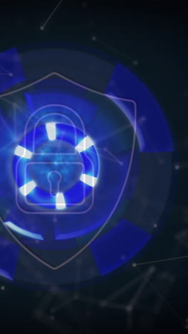 animation of shield with digital padlock over blue circle on black background