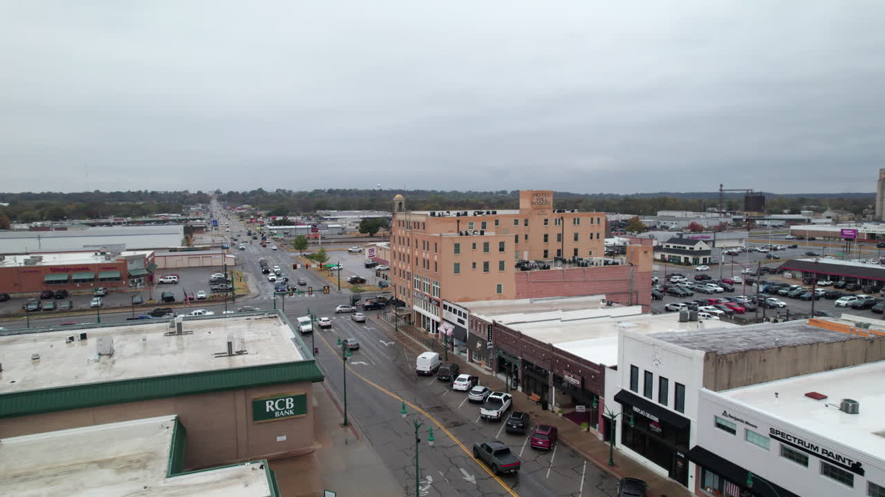 Small town Main Street, Claremore Oklahoma along Route 66, drone shot of Will Rogers Boulevard