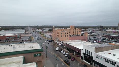 small town main street, claremore oklahoma along route 66, drone shot of will rogers boulevard