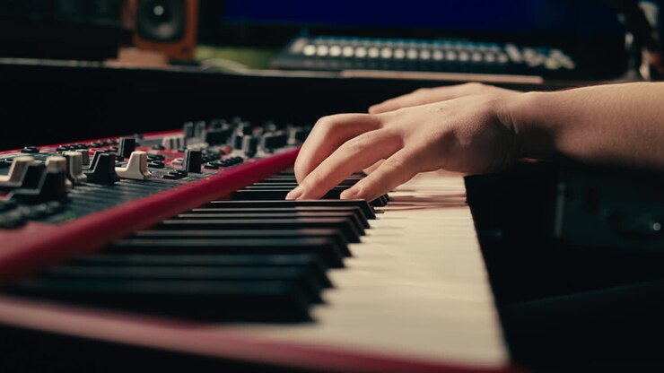 Close Up of keyboard Player Hands Playing Rock Music with keyboard at the Concert in studio, rehearsal room, macro play on synthesizer.
