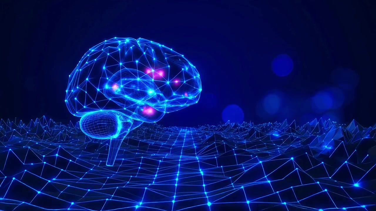 Digital Wireframe Brain with Glowing Activity on Abstract Network Background
