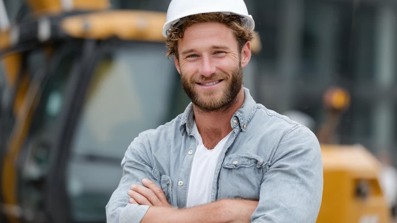 Confident Construction Worker Smiling in Front of Heavy Machinery: Emphasizing Safety and Professionalism on Construction Site