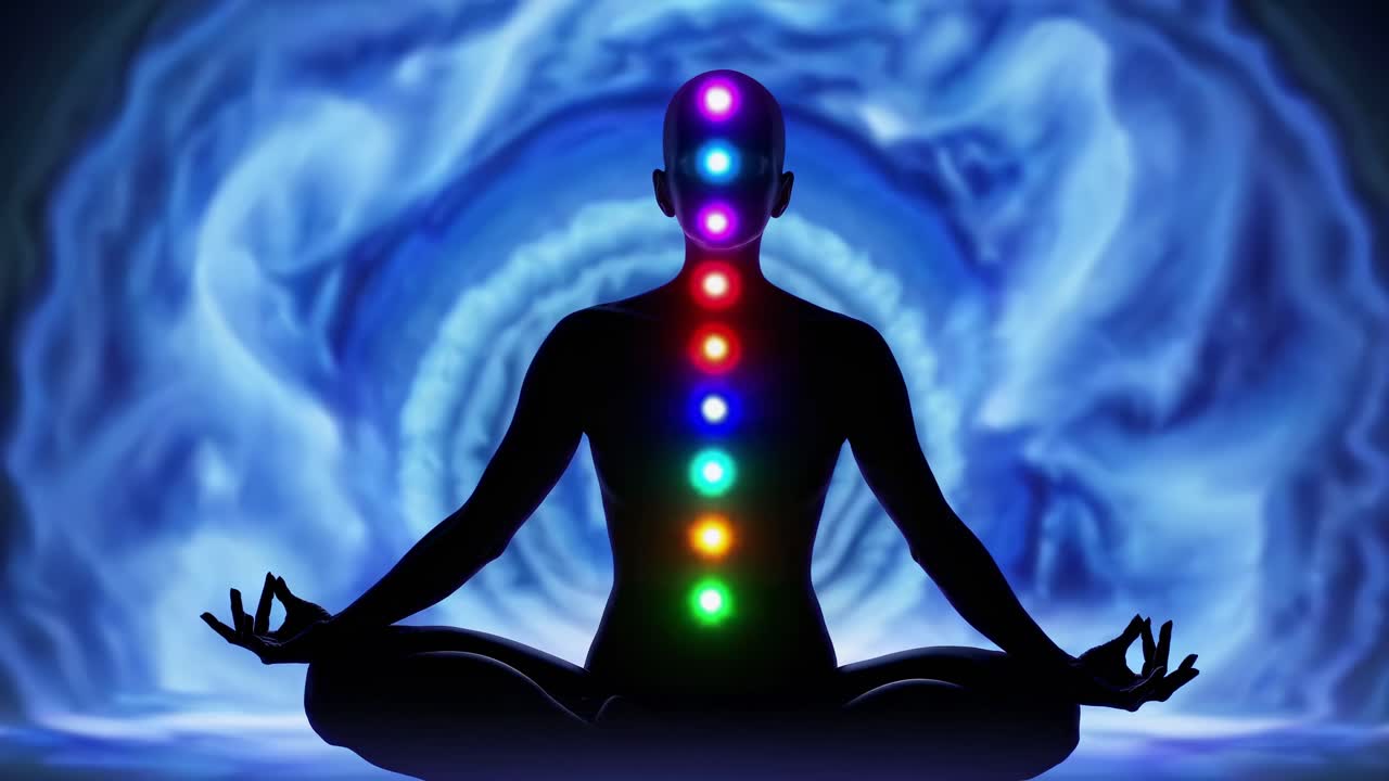 Silhouette di una figura in meditazione con chakra luminosi, ambientata su uno sfondo blu vorticoso.