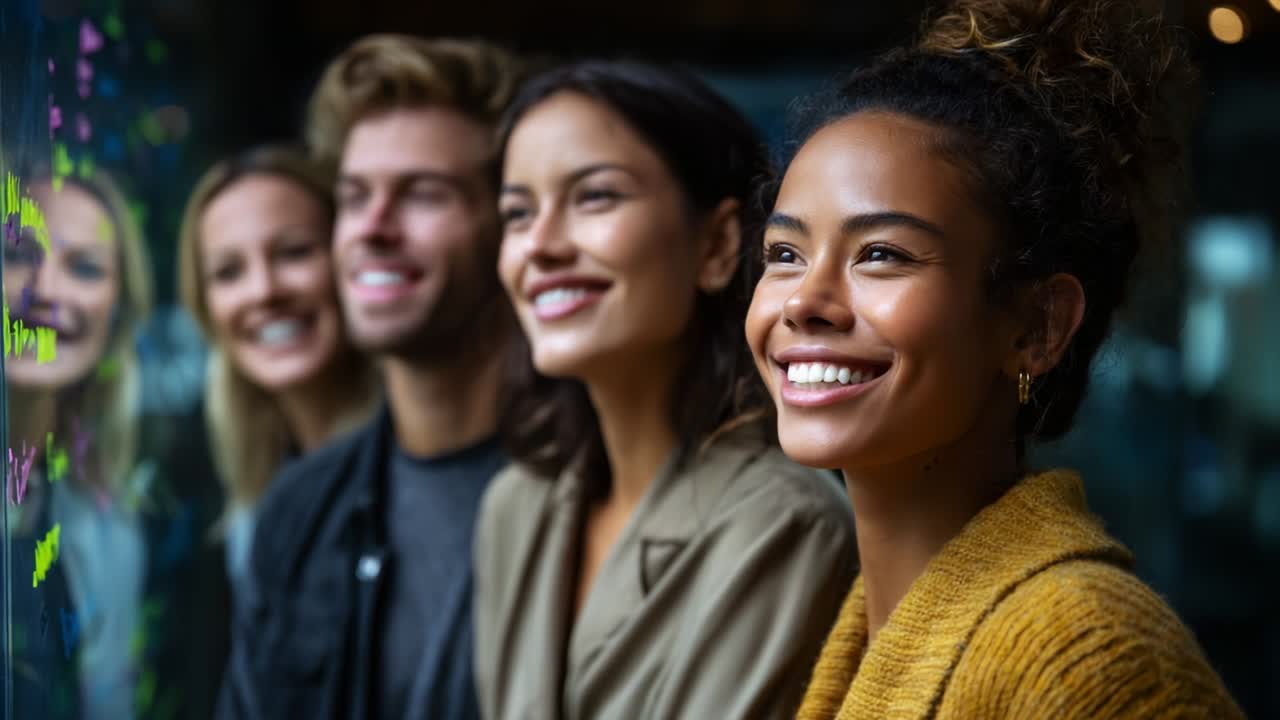 Group of four friends enjoying a cheerful moment together, smiling brightly while standing in front of a colorful window display. Their warmth and camaraderie create a lively atmosphere as they admire the vibrant surroundings