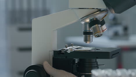 gloved hand of lab scientist adjusting microscope during examination