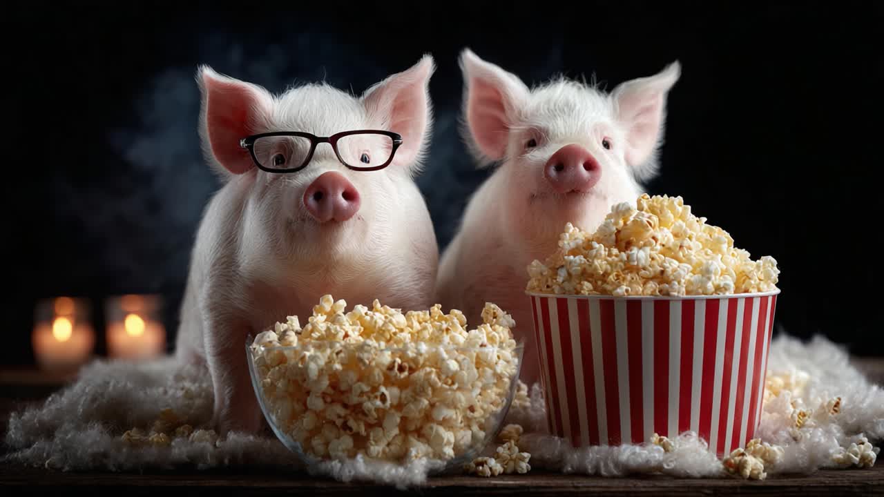 Two Playful Pigs Enjoying Popcorn Together, One Wearing Glasses, in a Cozy Setting With Soft Lighting and a Hint of Whimsy for a Charming Atmosphere