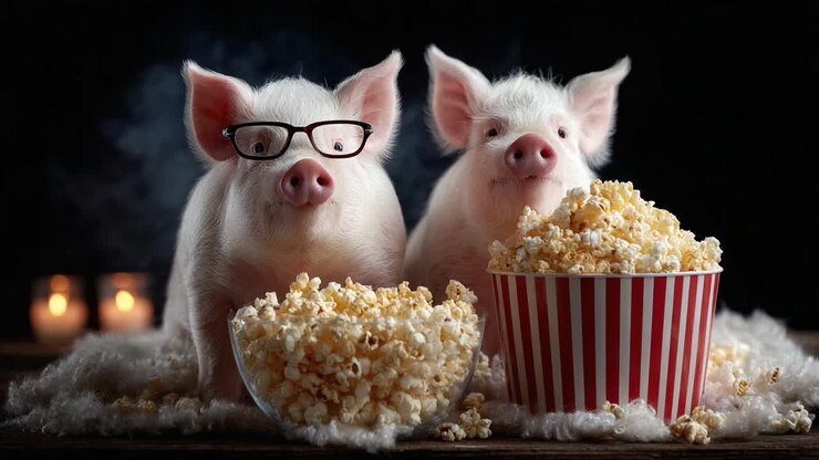 To legesyge grise, der nyder popcorn sammen. Den ene har briller på, i hyggelige omgivelser med blød belysning og et strejf af finurlighed, der skaber en charmerende atmosfære