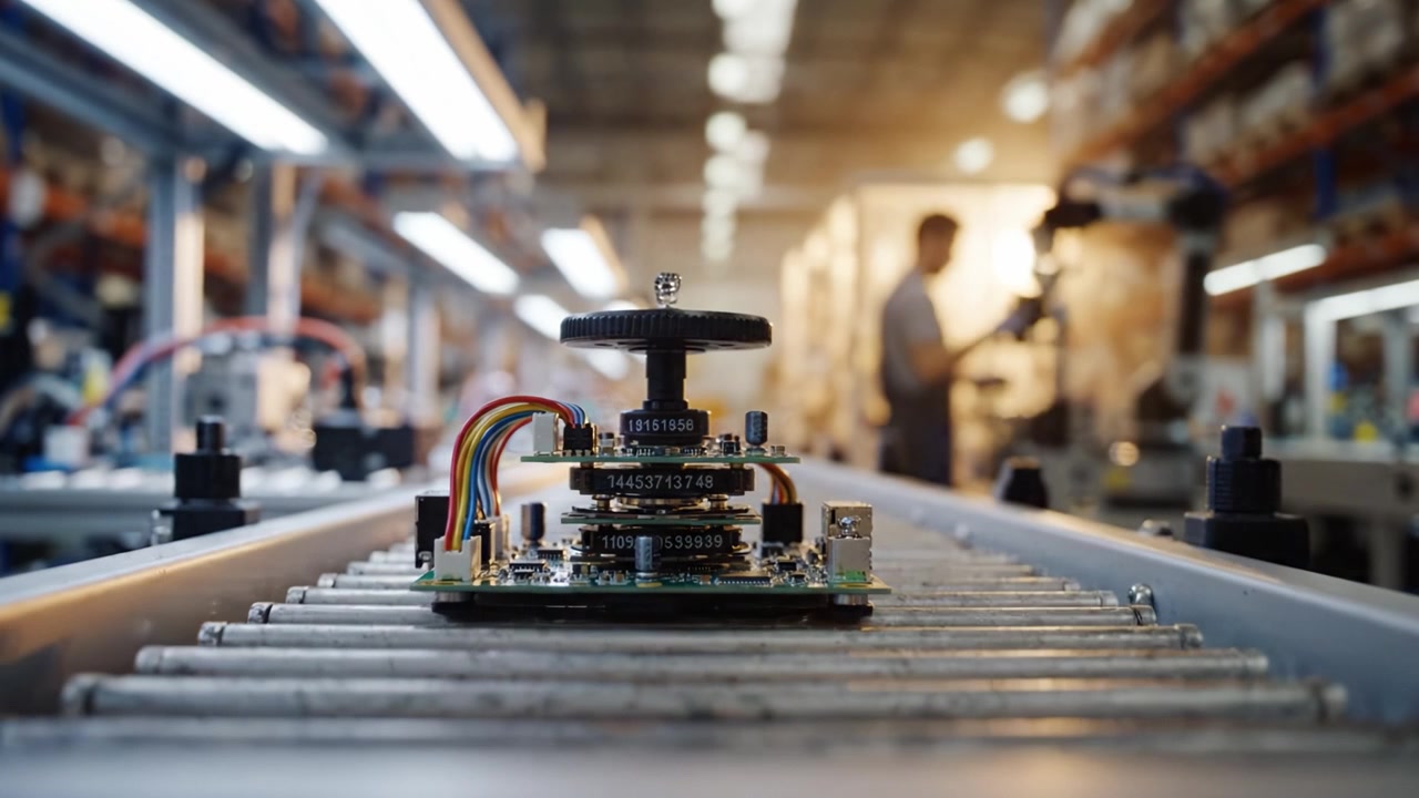 High-Tech Manufacturing: A Close-Up View of an Advanced Circuit Board on a Production Line with Workers in the Background