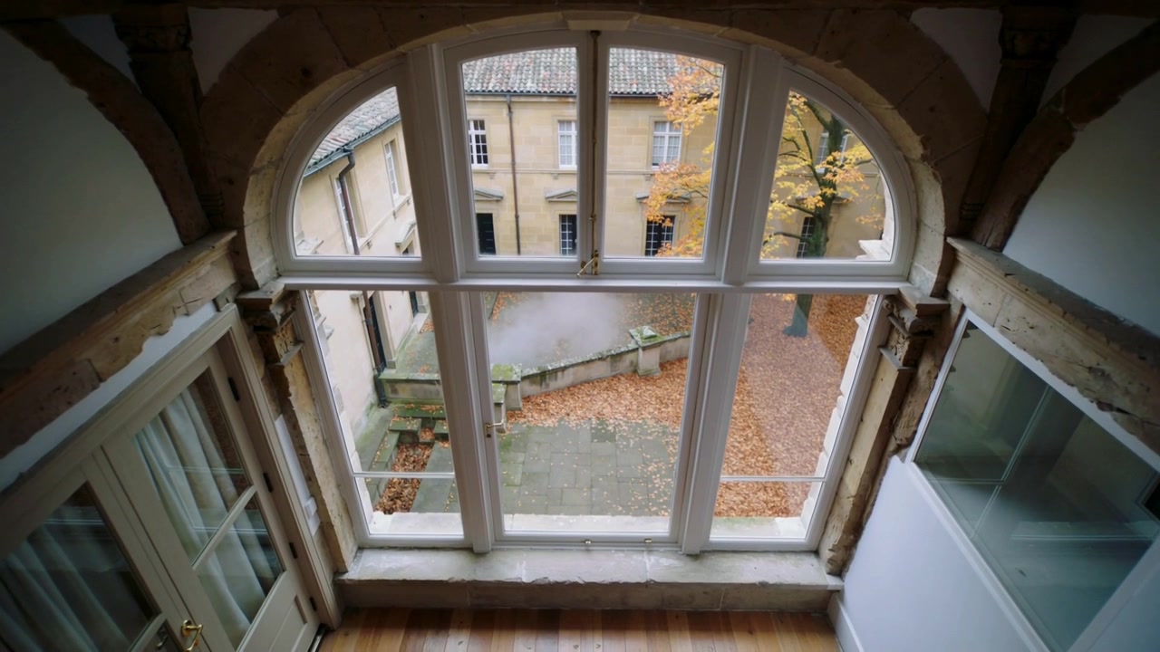 Tilting camera upward from upper room through arched window, revealing roof and courtyard fog patch