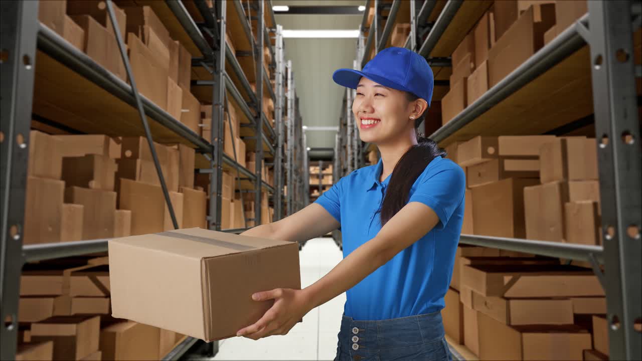 mensajera asiática en uniforme azul dando un cartón a alguien y sonriendo mientras lo entrega en el almacén