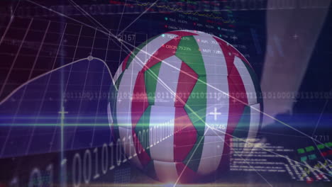 Animation of volleyball with financial data and binary code in school setting