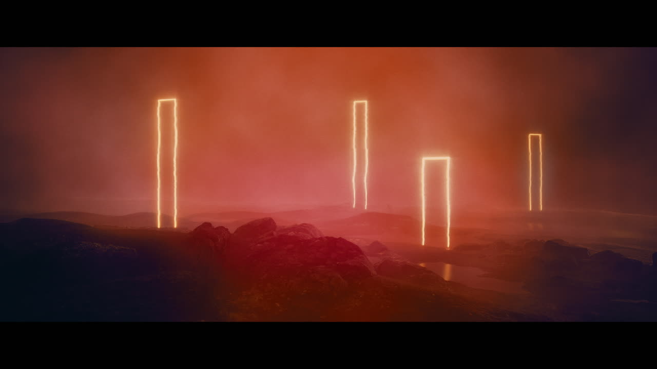 Rocky landscape with huge pink light portal structures