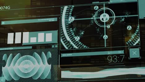 Animation of financial data processing over cityscape
