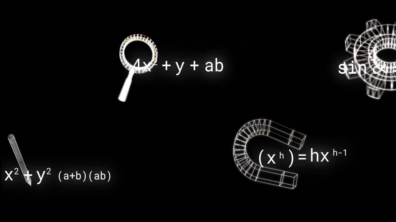 animación de iconos sobre ecuaciones matemáticas en fondo negro