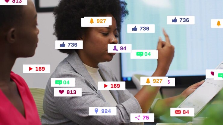 Presenter scanning report in business meeting, sparking icons rising and hiding view for review