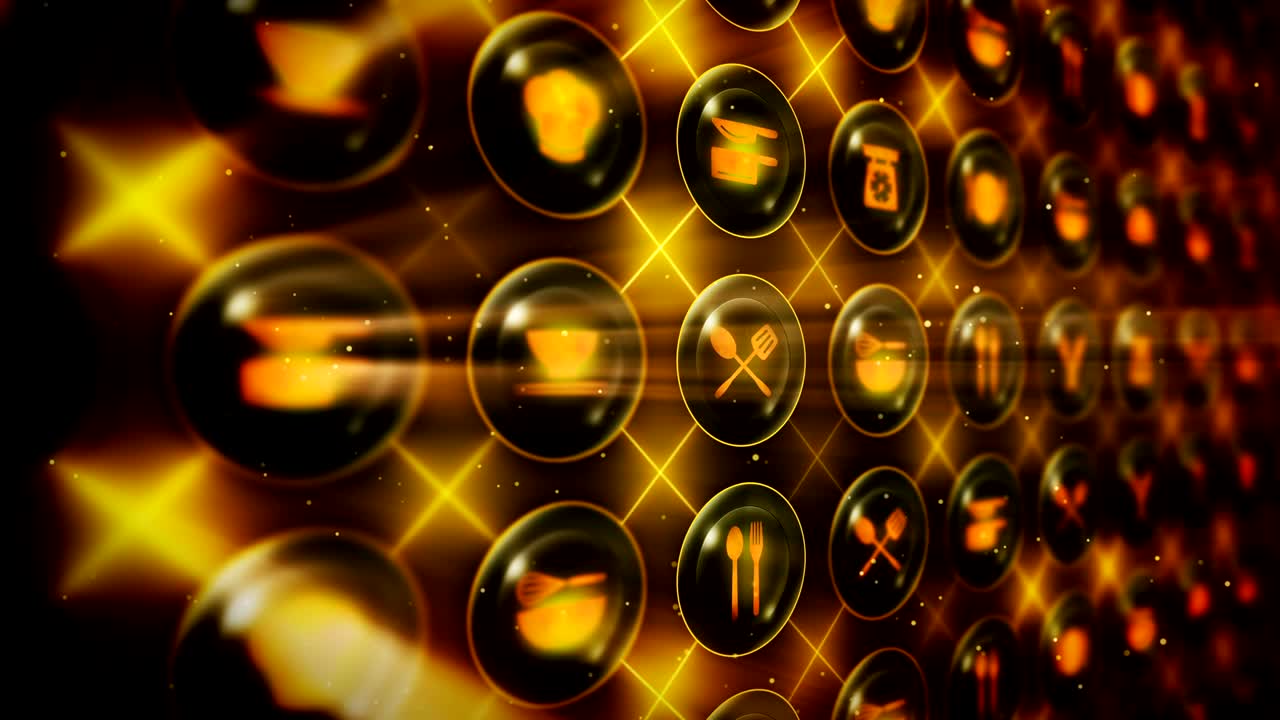 레스토랑 아이콘의 세트, 레스토랑 요리 장비 배경, cg 루프 애니메이션