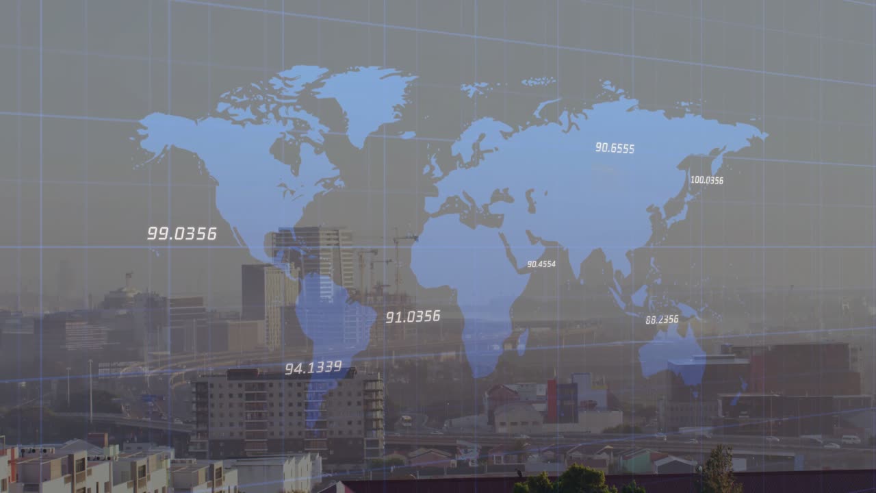 Mapa mundial azul con un fundido de entrada con una superposición de cuadrícula, mientras que las etiquetas numéricas palpitan para visualizar los datos