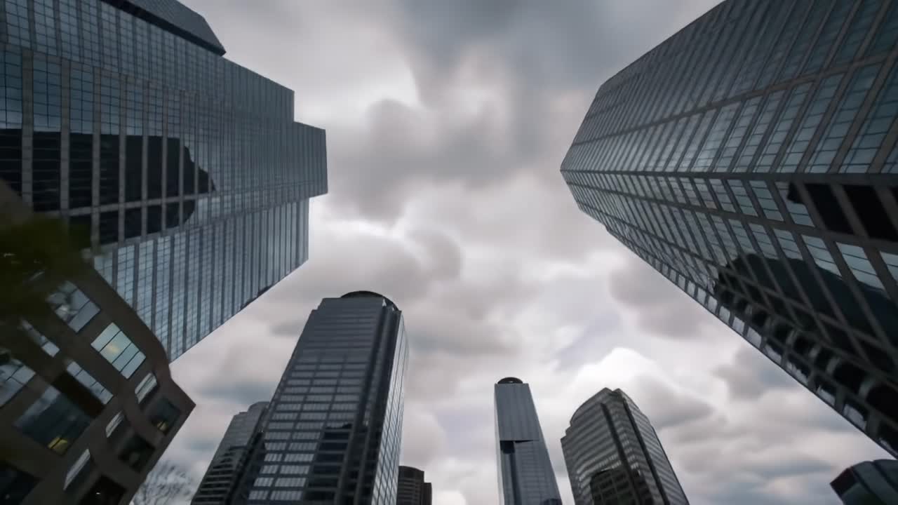 Dramatic Urban Skyline Under Overcast Skies: A Glimpse of Modern Architecture Featuring Tall Glass Buildings Reflecting Cloudy Atmosphere