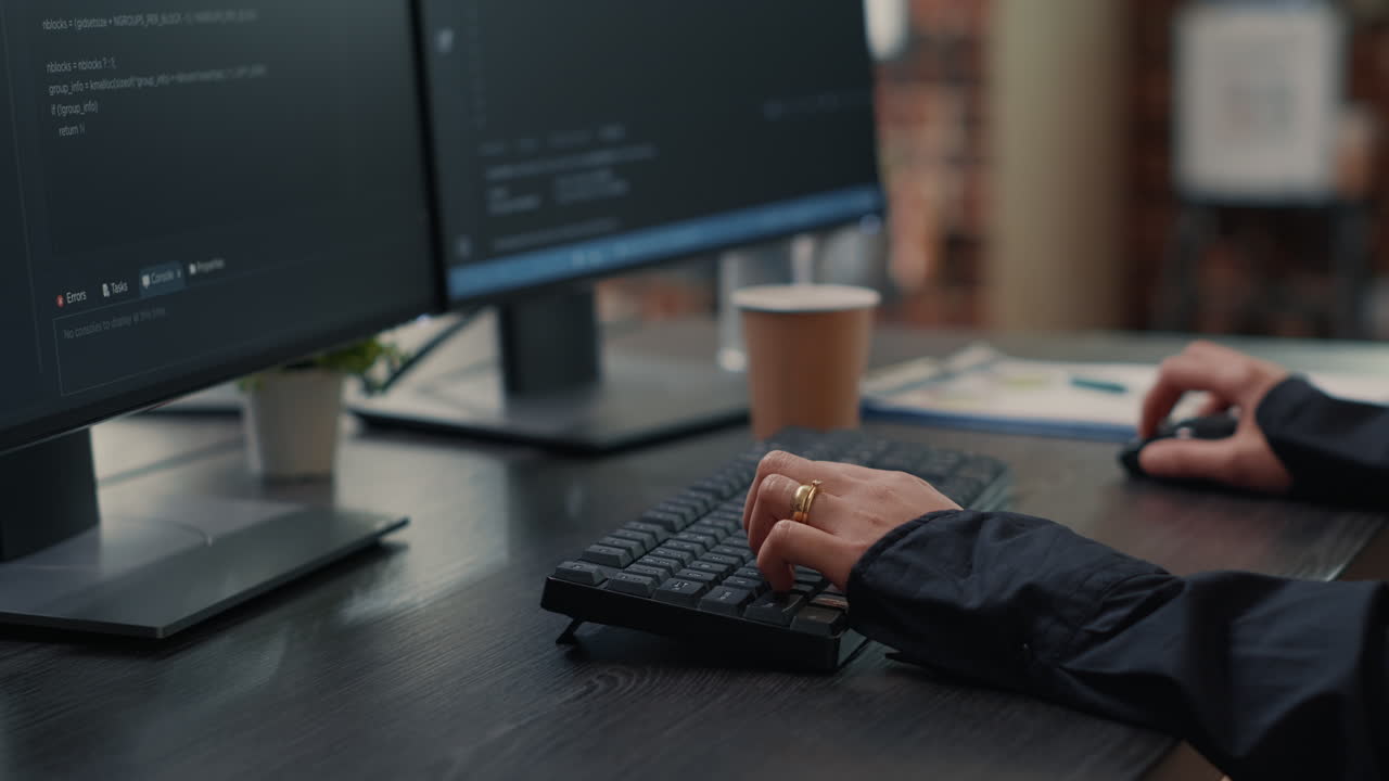 Closeup of developer hands typing code on keyboard while looking at computer screens