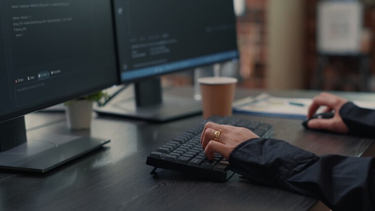 Closeup of developer hands typing code on keyboard while looking at computer screens