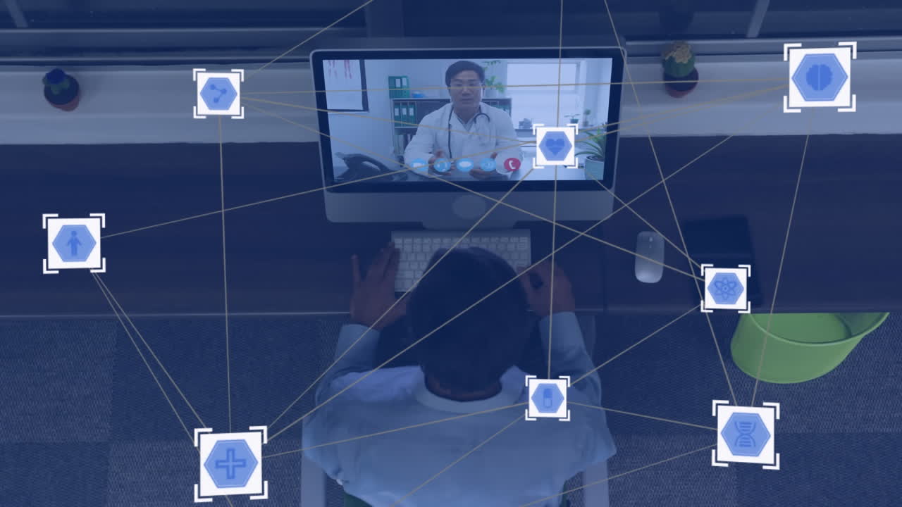 red de conexiones a través del médico masculino en la pantalla de la computadora portátil.