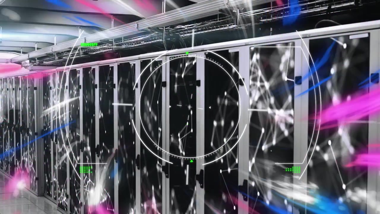 Digital circle with dots interconnecting lines and multicolor flying stripes over server room