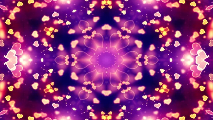 Motivo Astratto Colorato, Lucido e Ipnotico, con Concetto Simmetrico Ornamentale Decorativo, Movimento Caleidoscopico e Forme Geometriche (Cerchi e Stelle)