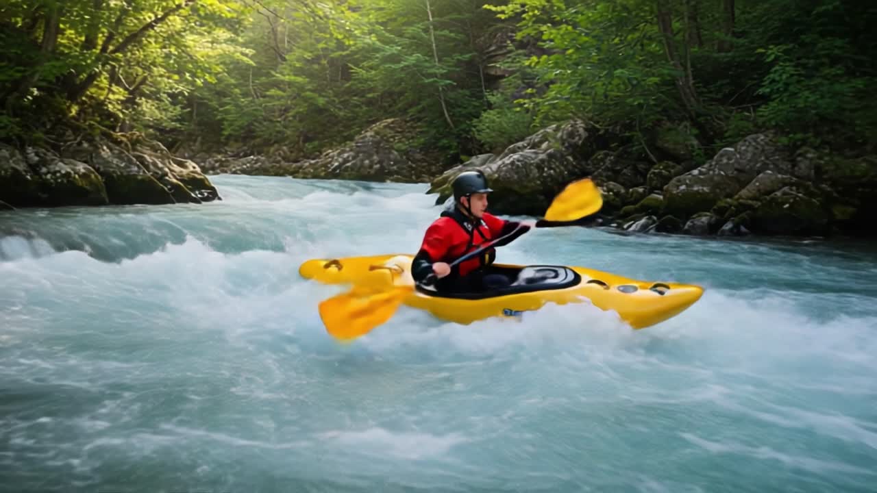 Un kayaker naviga rapide emozionanti con abilità e precisione, manovrando attraverso acque impetuose circondato da una vegetazione lussureggiante sotto cieli sereni