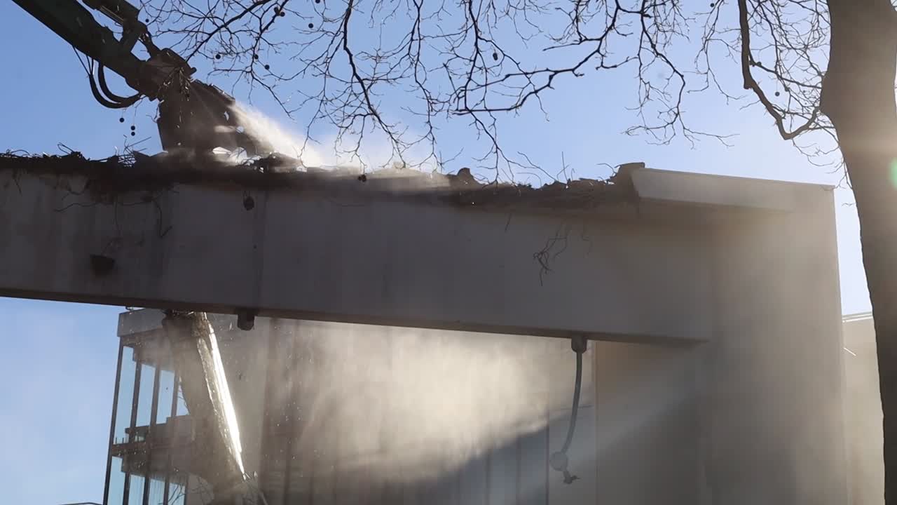Shot of demolition and destruction zone with sunshine coming through