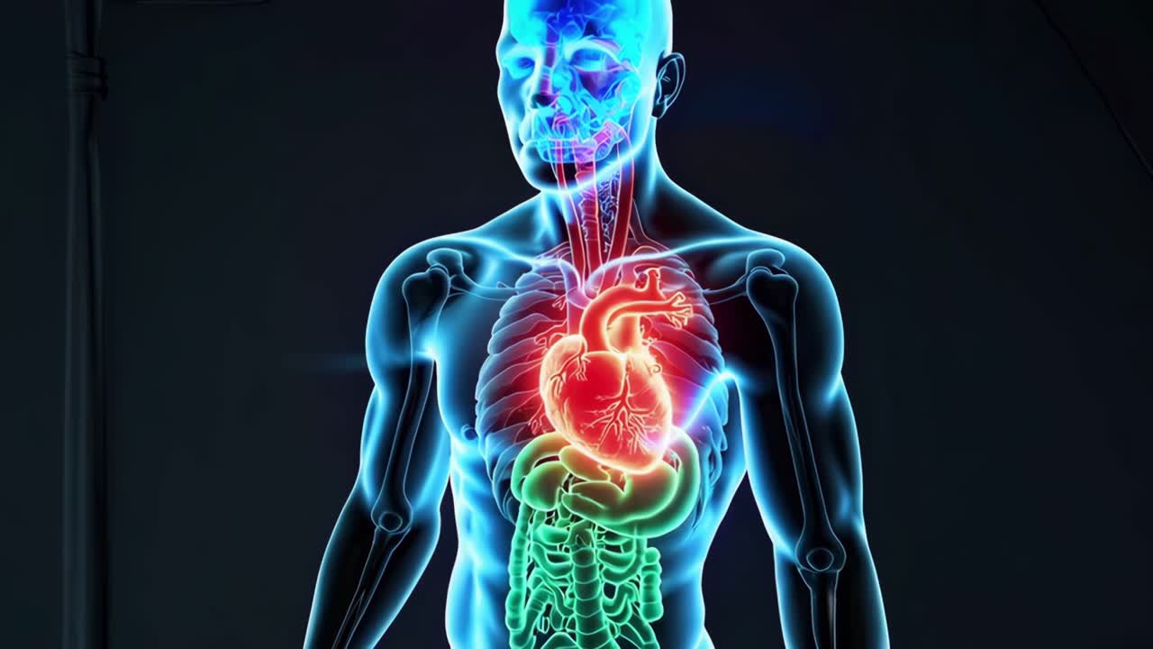 Human body anatomy highlighting the respiratory system, heart, and intestines, all glowing in vibrant colors against a dark background, emphasizing the complexity of internal organs