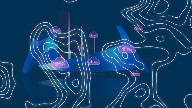 Animation of clouds with numbers over arrow and isohypses on blue background