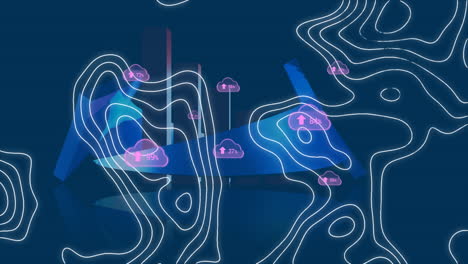animación de nubes con números sobre flecha e isohipses en fondo azul