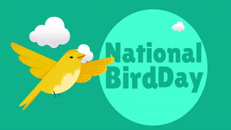 Animation-of-national-bird-day-text-in-blue,-with-yellow-bird-and-clouds-on-blue-sky-background